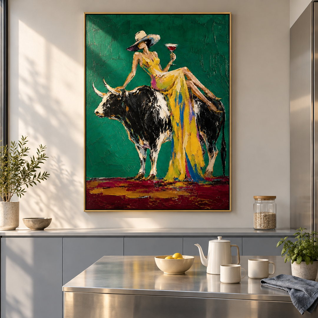 colorful cowgirl and bull wall art in emerald green and yellow in a coordinated modern interior