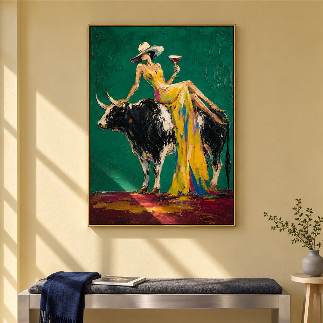 colorful cowgirl and bull wall art in emerald green and yellow in a coordinated modern interior