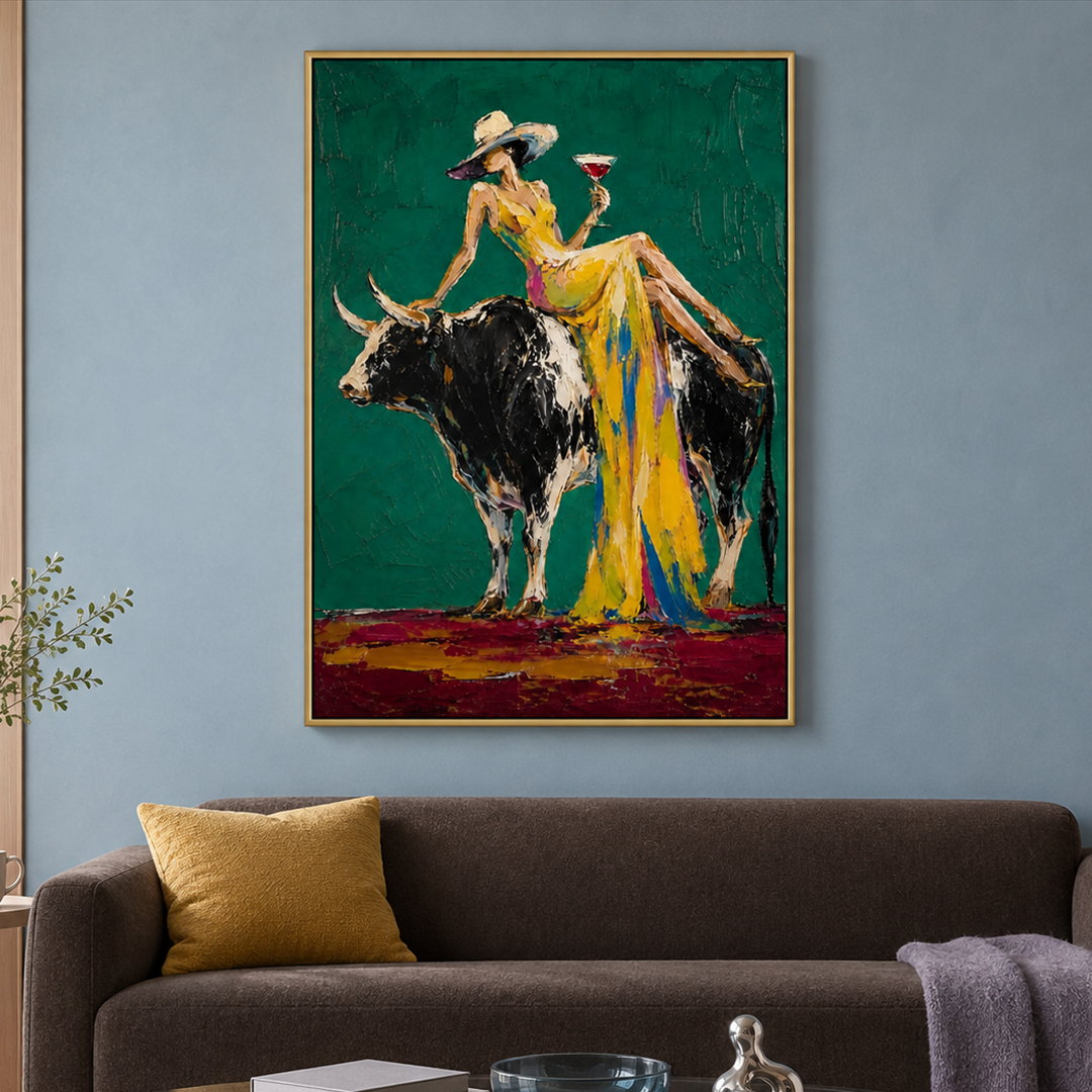colorful cowgirl and bull wall art in emerald green and yellow displayed in a styled living room