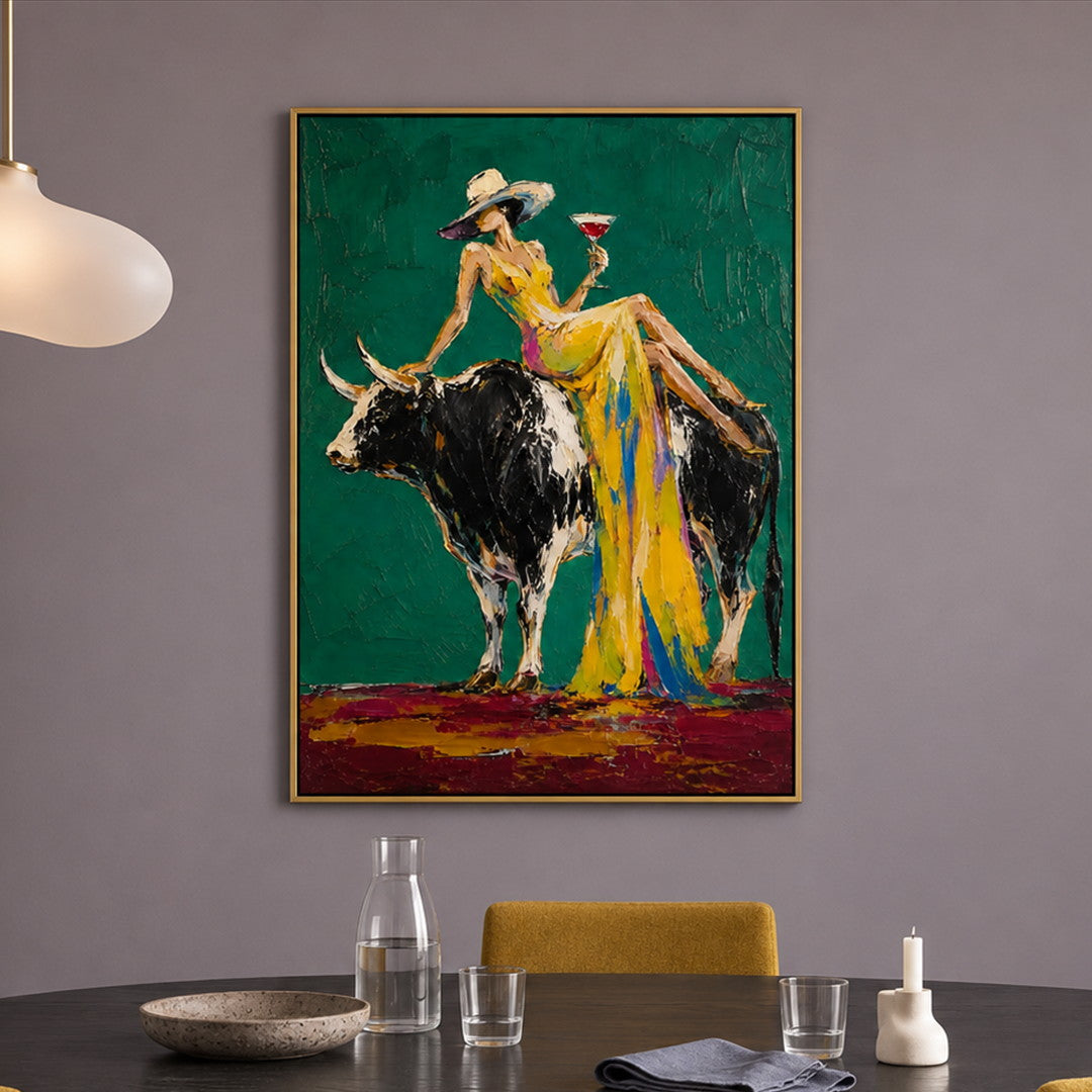 colorful cowgirl and bull wall art in emerald green and yellow in a coordinated modern interior