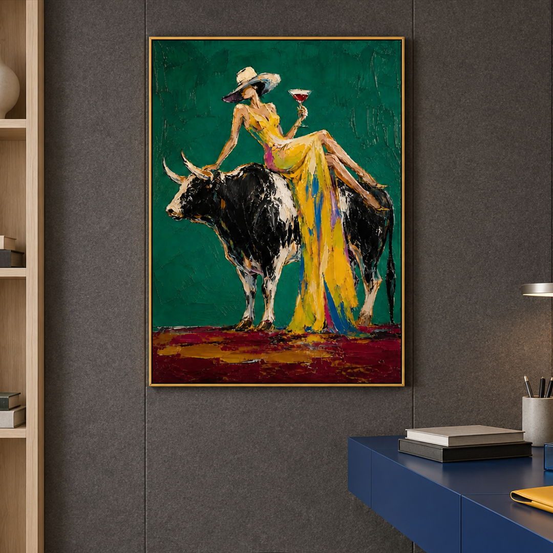 colorful cowgirl and bull wall art in emerald green and yellow in a coordinated modern interior