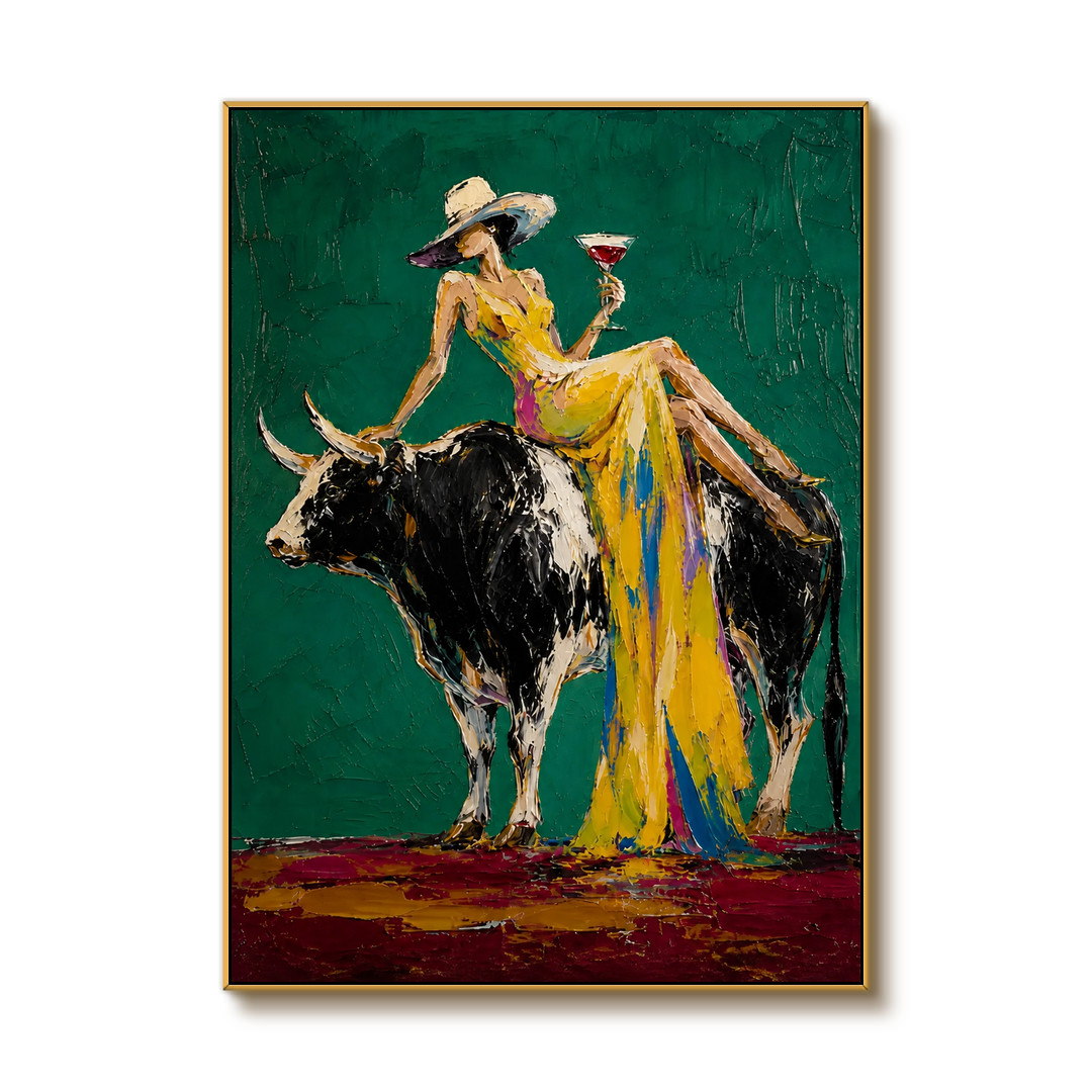 colorful cowgirl and bull wall art in emerald green and yellow on a clean white background