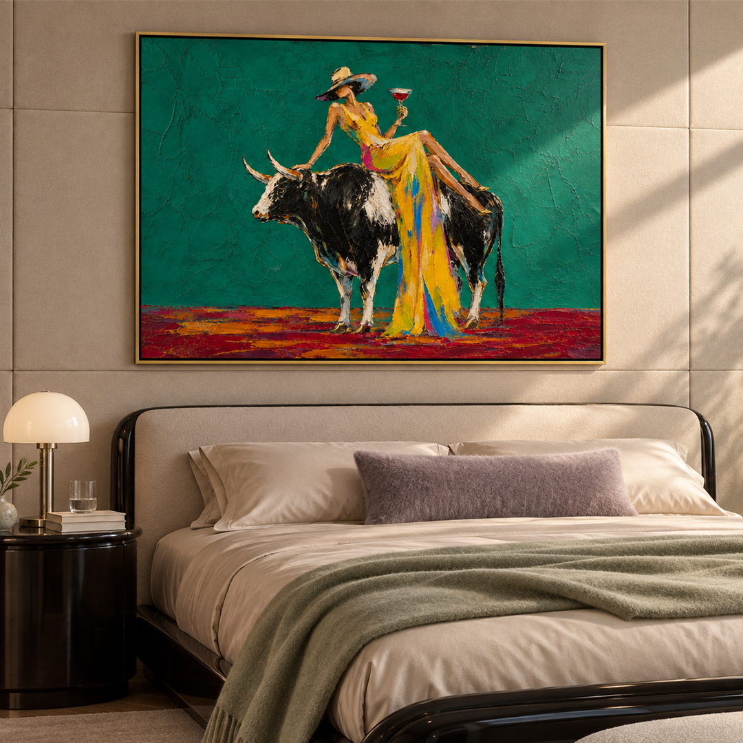 colorful cowgirl and bull wall art in teal green and yellow in a coordinated modern interior