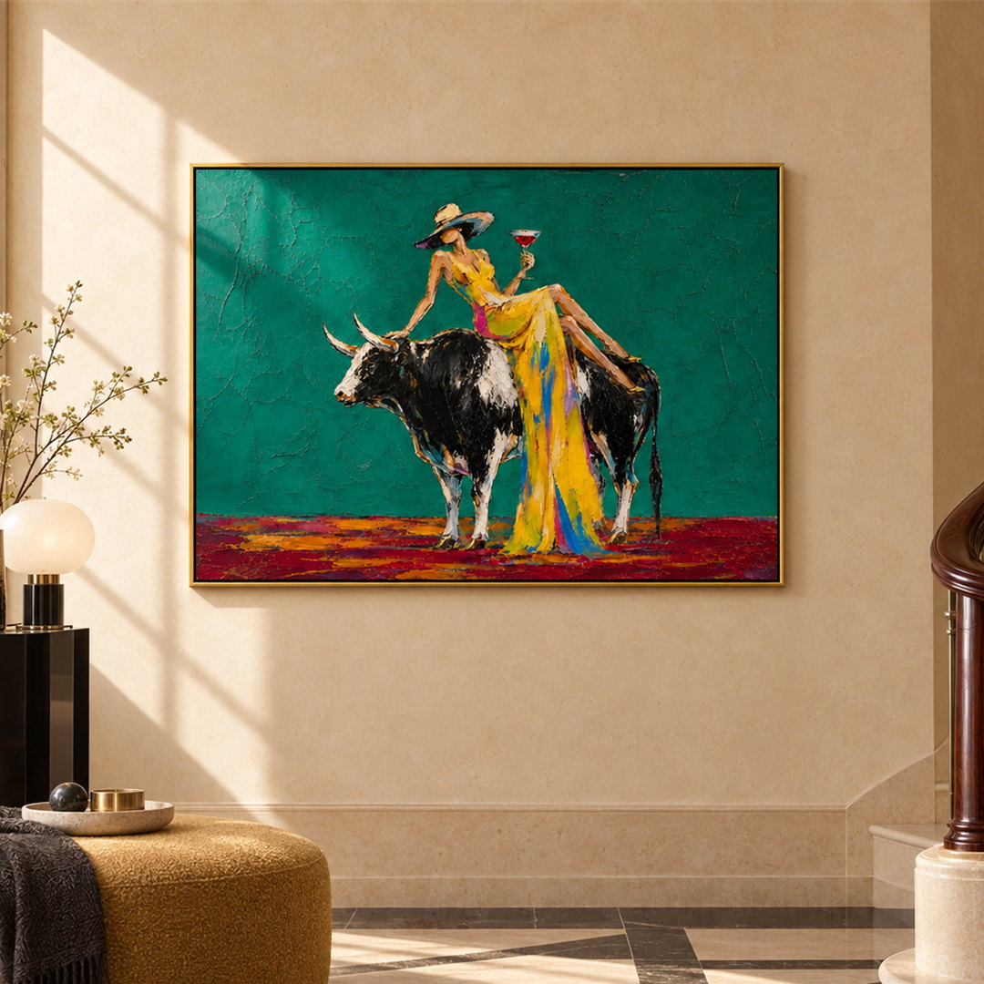 colorful cowgirl and bull wall art in teal green and yellow in a coordinated modern interior