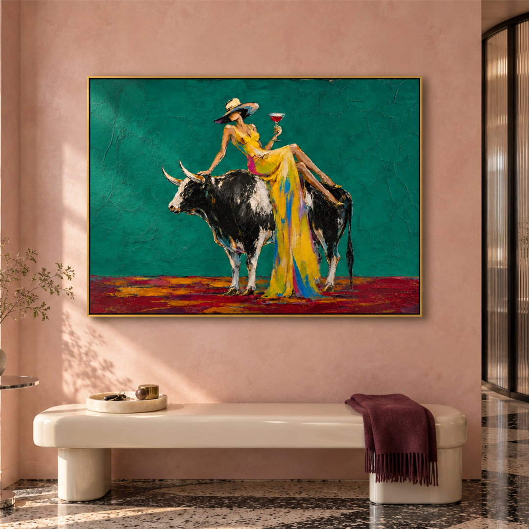 colorful cowgirl and bull wall art in teal green and yellow in a coordinated modern interior