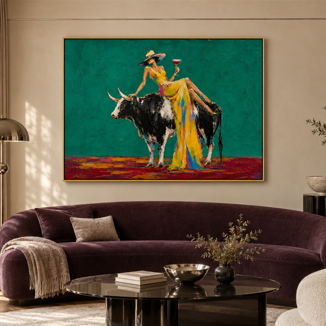 colorful cowgirl and bull wall art in teal green and yellow displayed in a styled living room