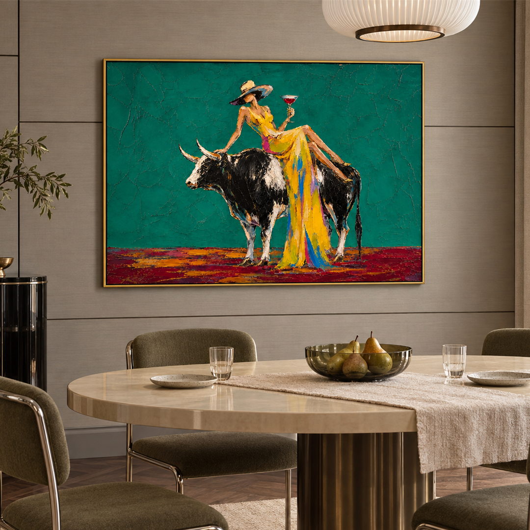 colorful cowgirl and bull wall art in teal green and yellow in a coordinated modern interior