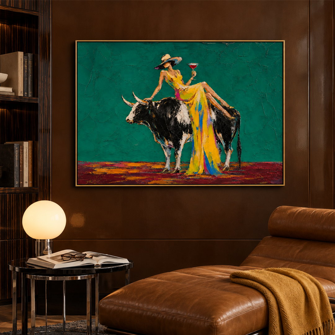 colorful cowgirl and bull wall art in teal green and yellow in a coordinated modern interior