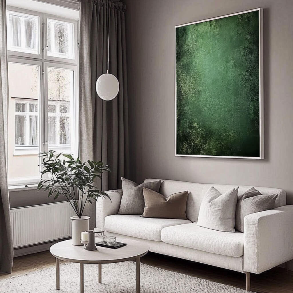 Emerald Wilderness I large dark green textured painting by Hues Art Lab