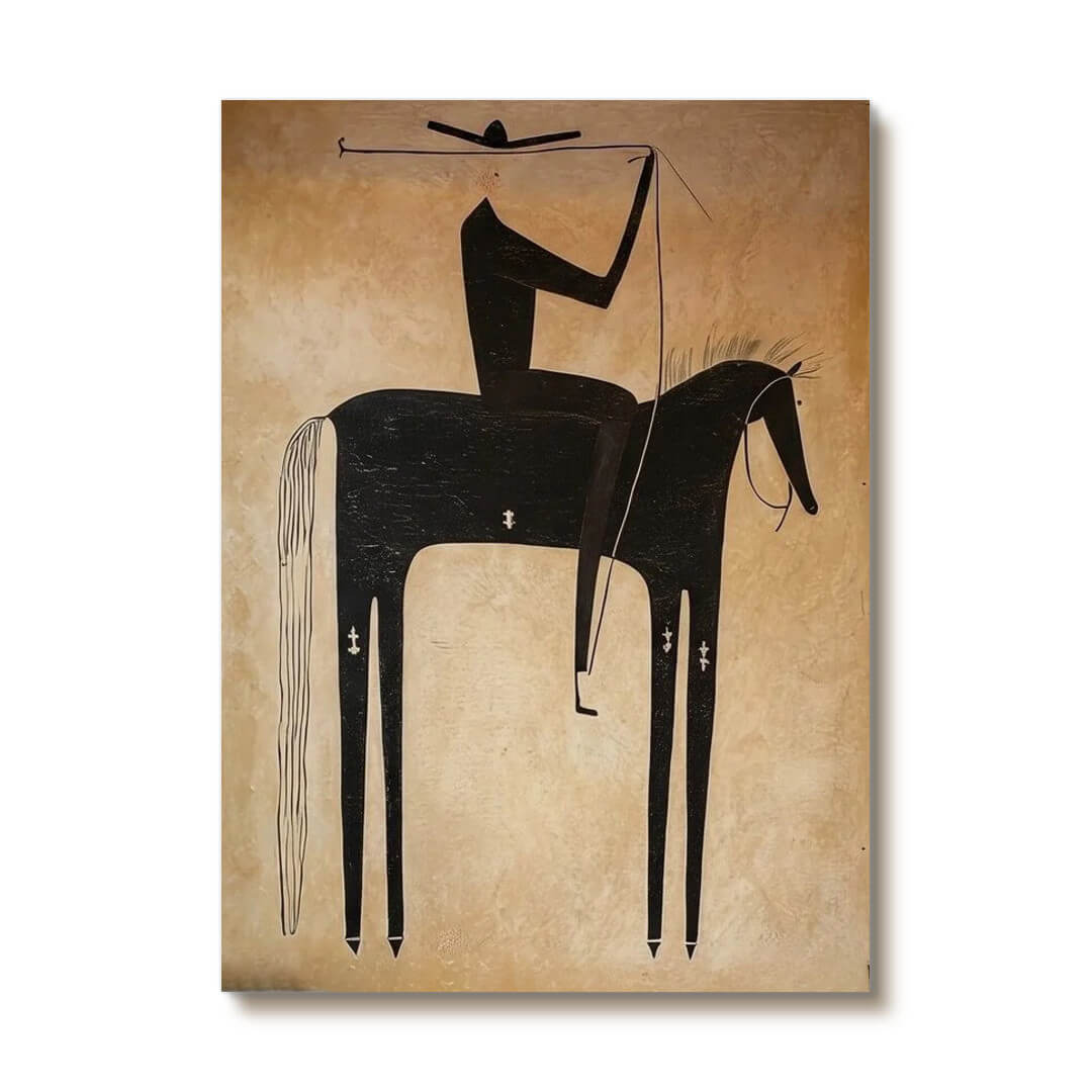 Minimalist black cowboy horse wall art in wabi sabi style - Equestrian Shadow - Hues Art Lab