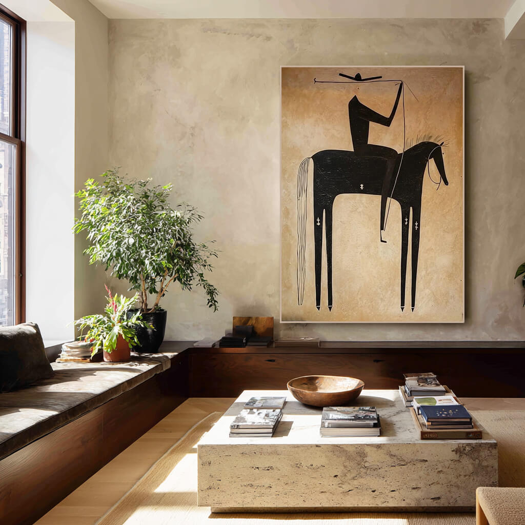 Minimalist black cowboy horse wall art in wabi sabi style - Equestrian Shadow - Hues Art Lab