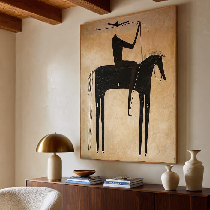 Minimalist black cowboy horse wall art in wabi sabi style - Equestrian Shadow - Hues Art Lab