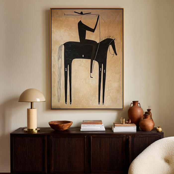 Minimalist black cowboy horse wall art in wabi sabi style - Equestrian Shadow - Hues Art Lab