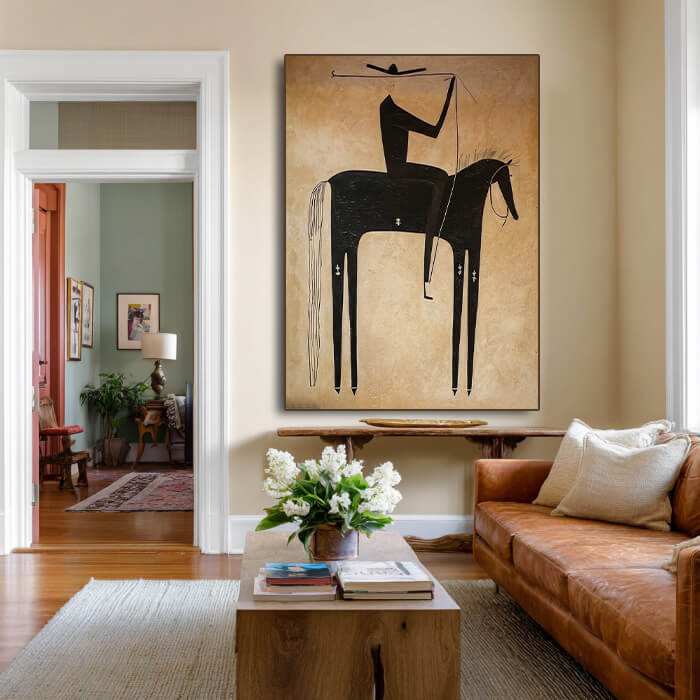 Minimalist black cowboy horse wall art in wabi sabi style - Equestrian Shadow - Hues Art Lab