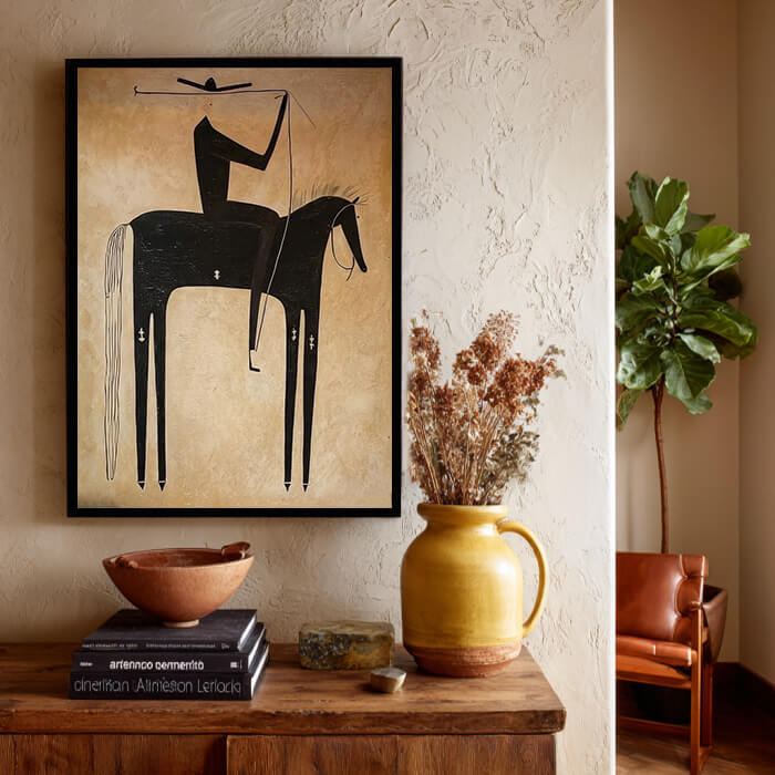 Minimalist black cowboy horse wall art in wabi sabi style - Equestrian Shadow - Hues Art Lab