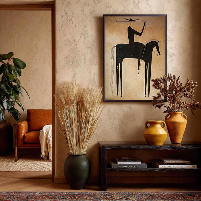 Minimalist black cowboy horse wall art in wabi sabi style - Equestrian Shadow - Hues Art Lab
