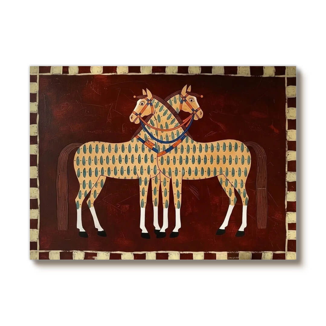 Modern western horse wall art in beige and brown tones - Festival Horses - Hues Art Lab