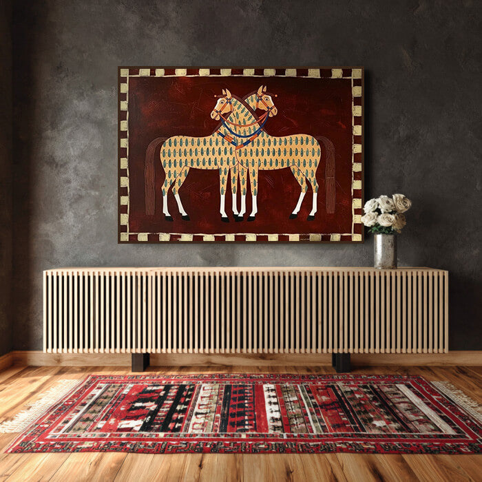 Modern western horse wall art in beige and brown tones - Festival Horses - Hues Art Lab