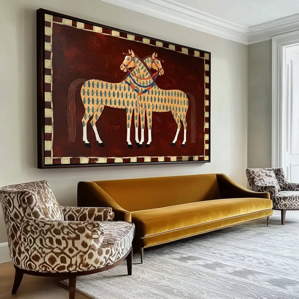 Modern western horse wall art in beige and brown tones - Festival Horses - Hues Art Lab