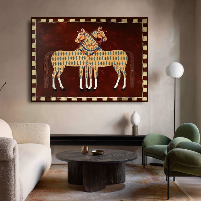 Modern western horse wall art in beige and brown tones - Festival Horses - Hues Art Lab