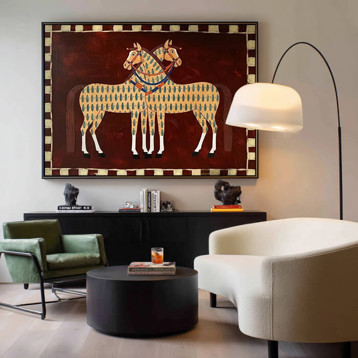 Modern western horse wall art in beige and brown tones - Festival Horses - Hues Art Lab
