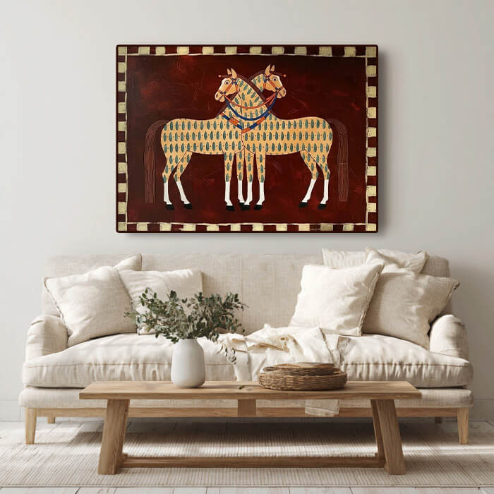 Modern western horse wall art in beige and brown tones - Festival Horses - Hues Art Lab
