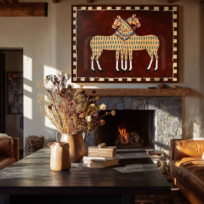 Modern western horse wall art in beige and brown tones - Festival Horses - Hues Art Lab