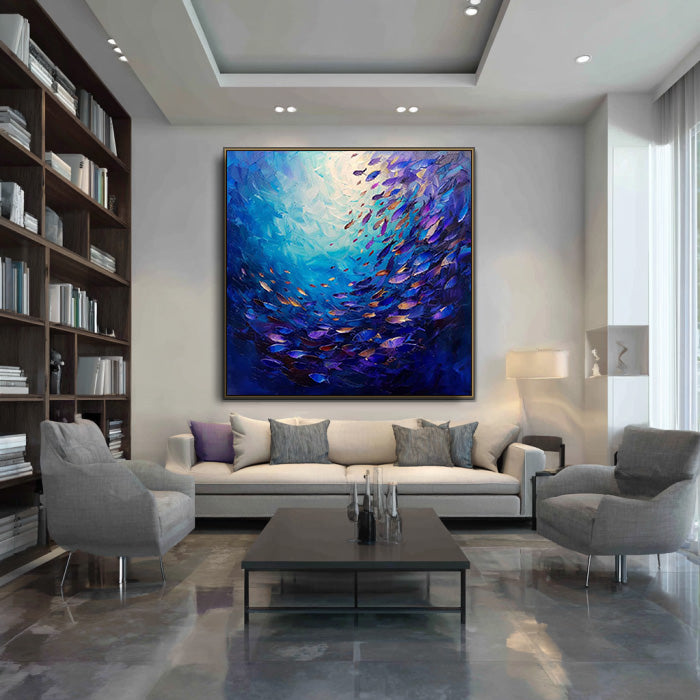 Fish Swirl deep sea fish school impasto wall art by Hues Art Lab