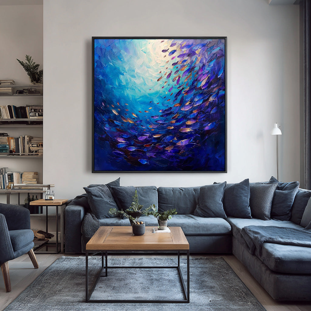Fish Swirl framed deep sea canvas print styled in a modern room