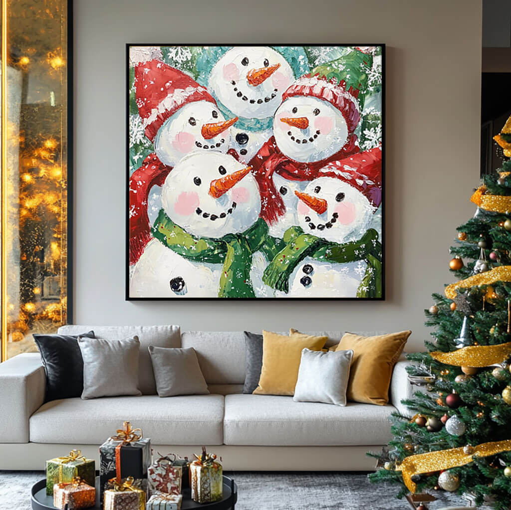 Original Acrylic Art Painting - Five Snowmen - Hues Art Lab