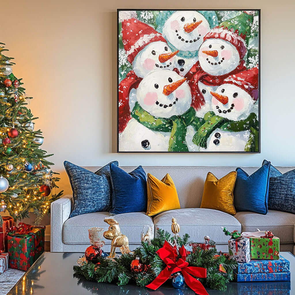 Original Acrylic Art Painting - Five Snowmen - Hues Art Lab