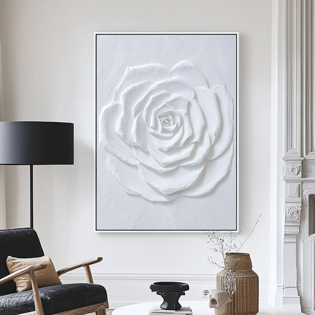 Large White Flower Textured Plaster Art Painting on Canvas Art for Living Room and Bedroom - Flower Facets - Hues Art Lab