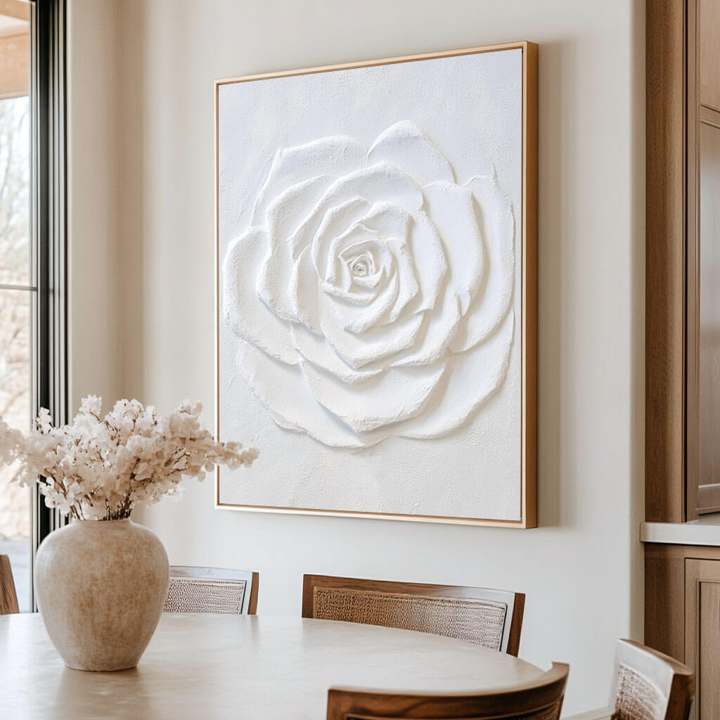 Large White Flower Textured Plaster Art Painting on Canvas Art for Living Room and Bedroom - Flower Facets - Hues Art Lab