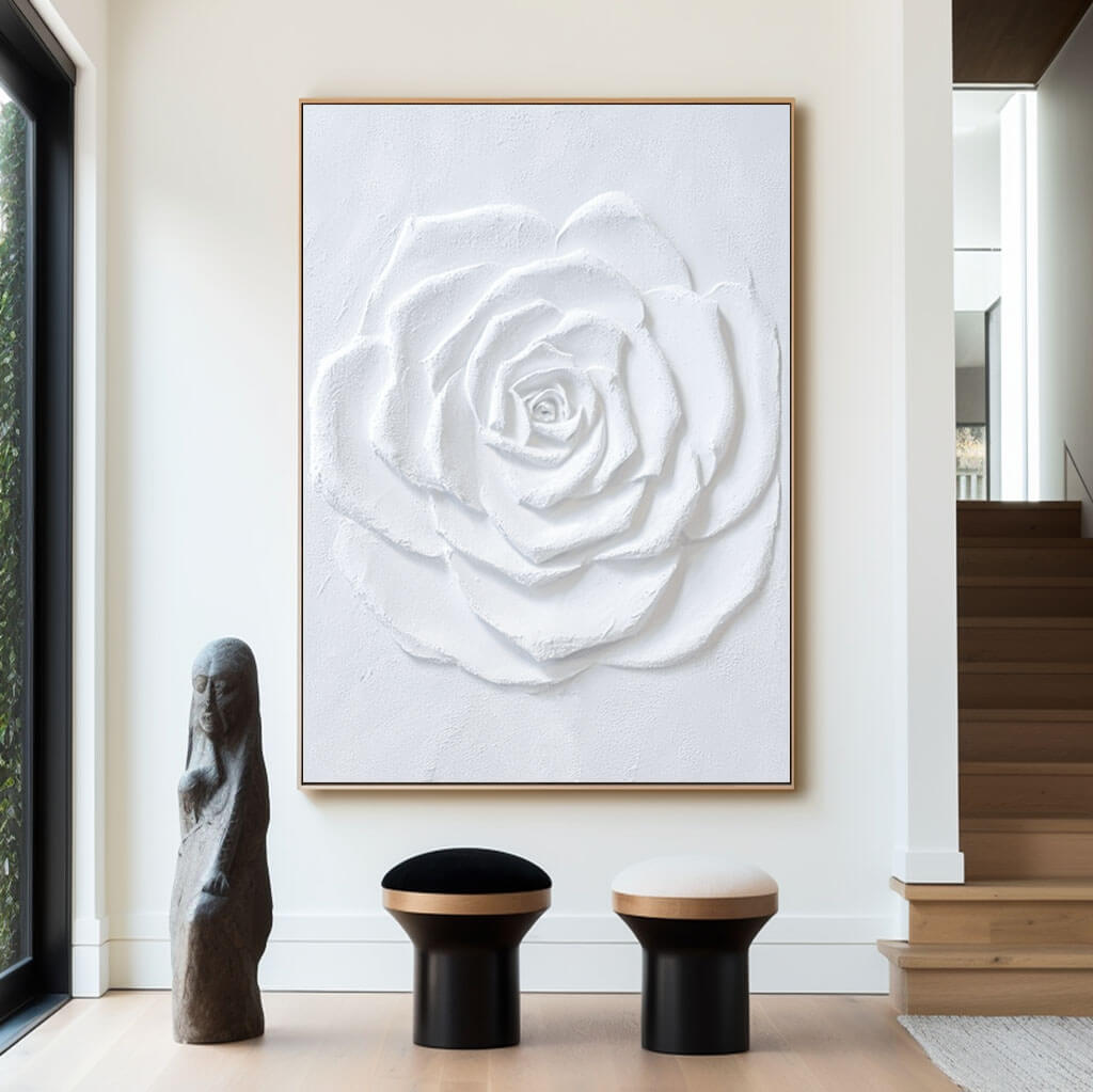 Large White Flower Textured Plaster Art Painting on Canvas Art for Living Room and Bedroom - Flower Facets - Hues Art Lab