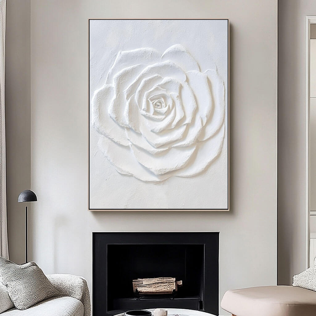 Large White Flower Textured Plaster Art Painting on Canvas Art for Living Room and Bedroom - Flower Facets - Hues Art Lab