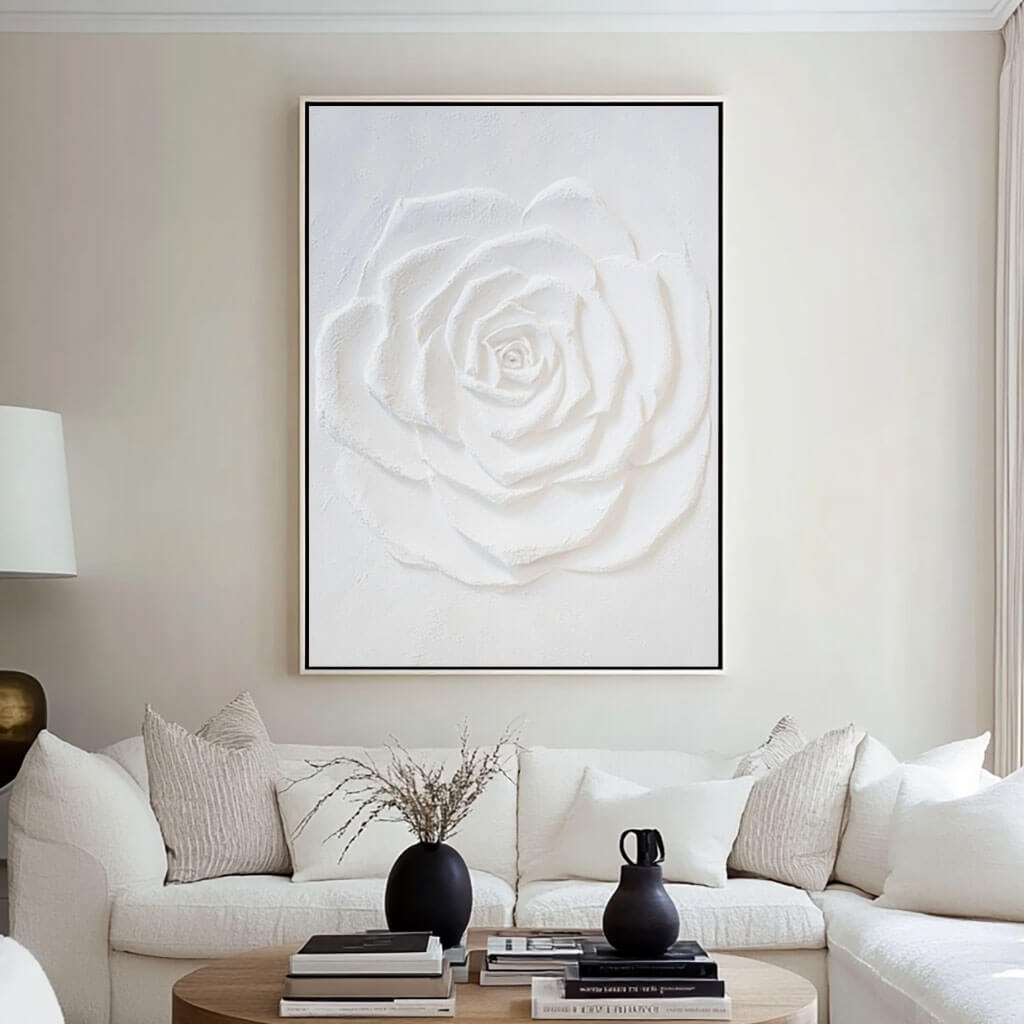 Large White Flower Textured Plaster Art Painting on Canvas Art for Living Room and Bedroom - Flower Facets - Hues Art Lab