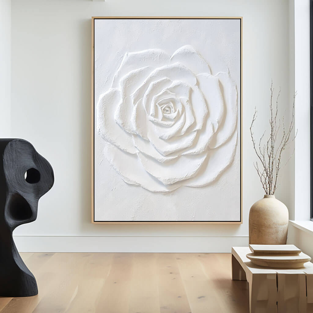 Large White Flower Textured Plaster Art Painting on Canvas Art for Living Room and Bedroom - Flower Facets - Hues Art Lab