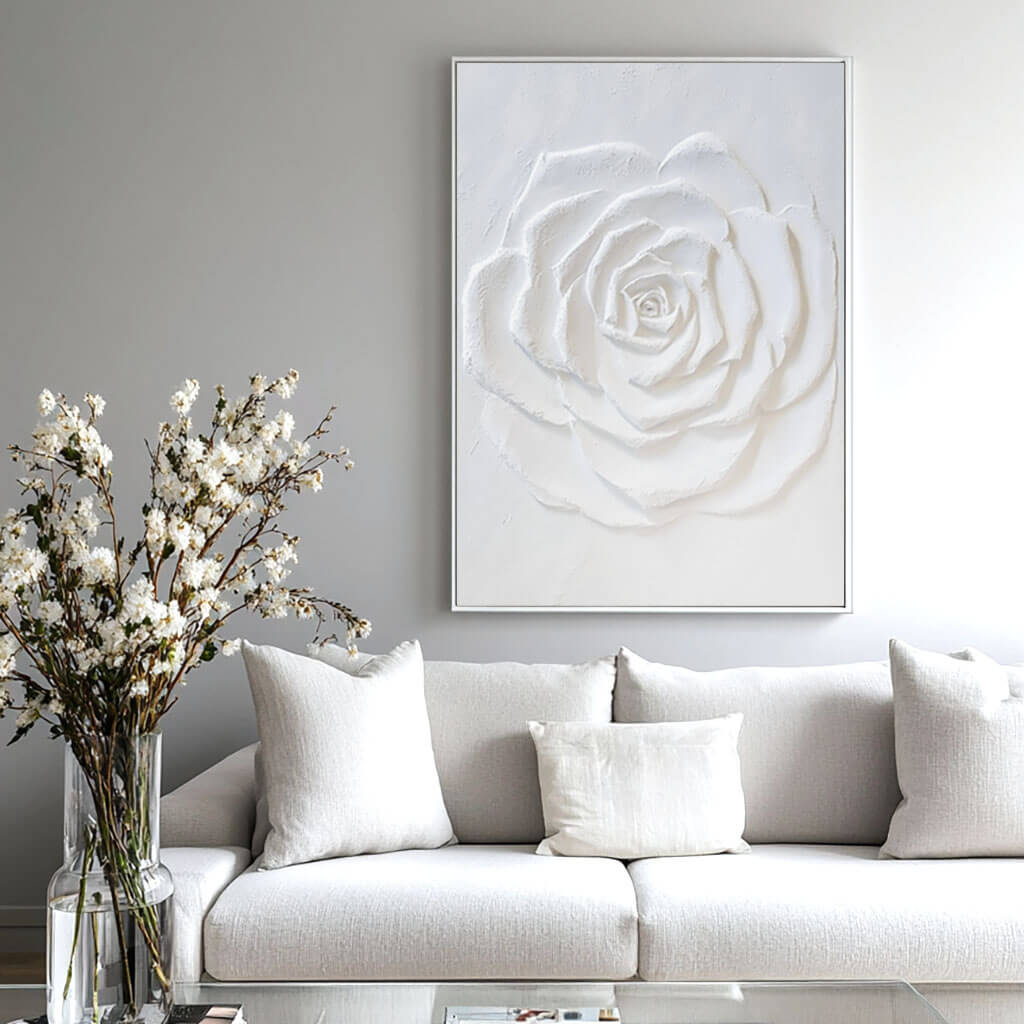 Large White Flower Textured Plaster Art Painting on Canvas Art for Living Room and Bedroom - Flower Facets - Hues Art Lab