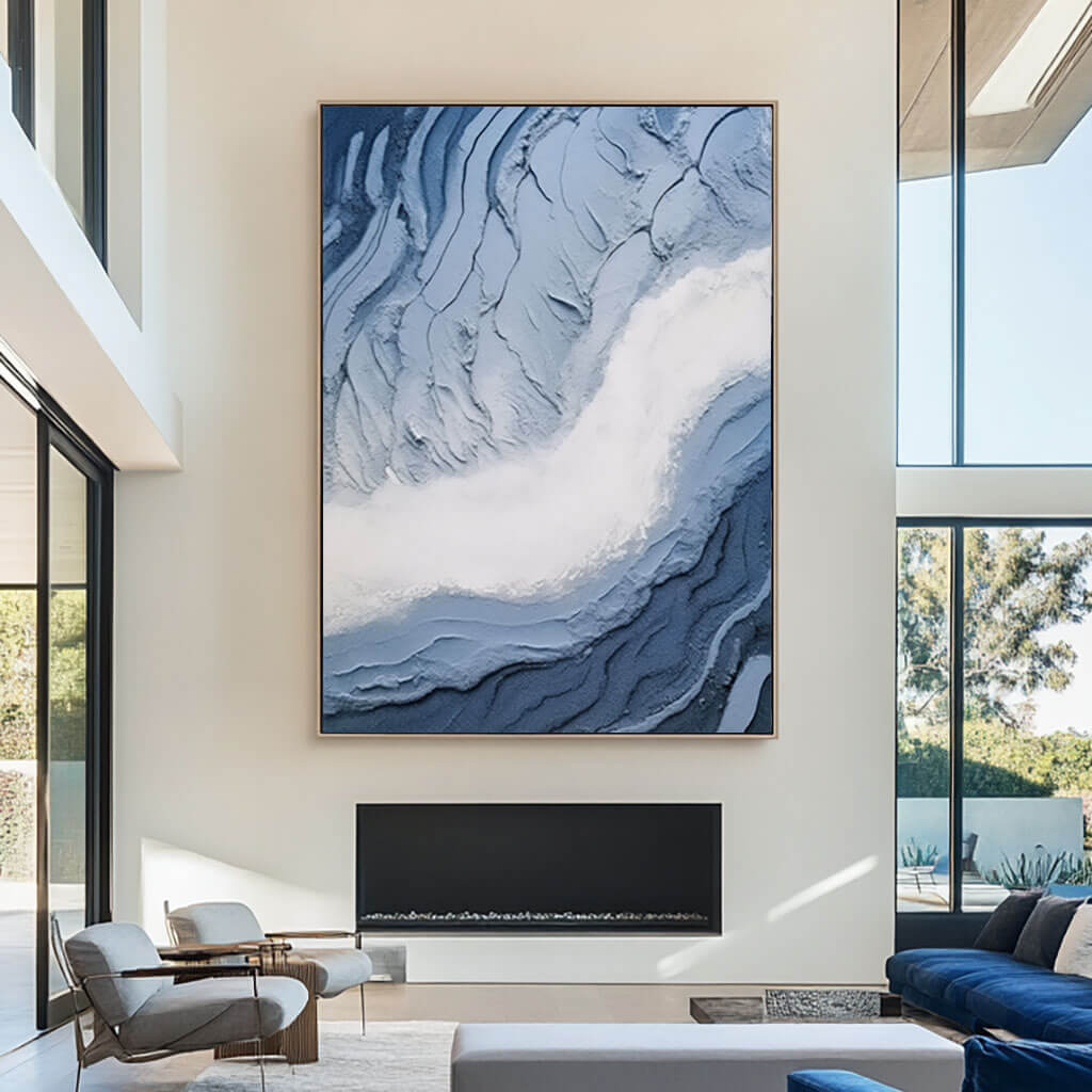 Abstract 3D Textured Blue Ocean Wave Oil Painting - Modern Hand-Painted Home Decor Wall Art - Fluidity I - Hues Art Lab