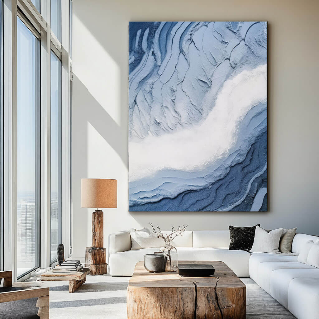 Abstract 3D Textured Blue Ocean Wave Oil Painting - Modern Hand-Painted Home Decor Wall Art - Fluidity I - Hues Art Lab