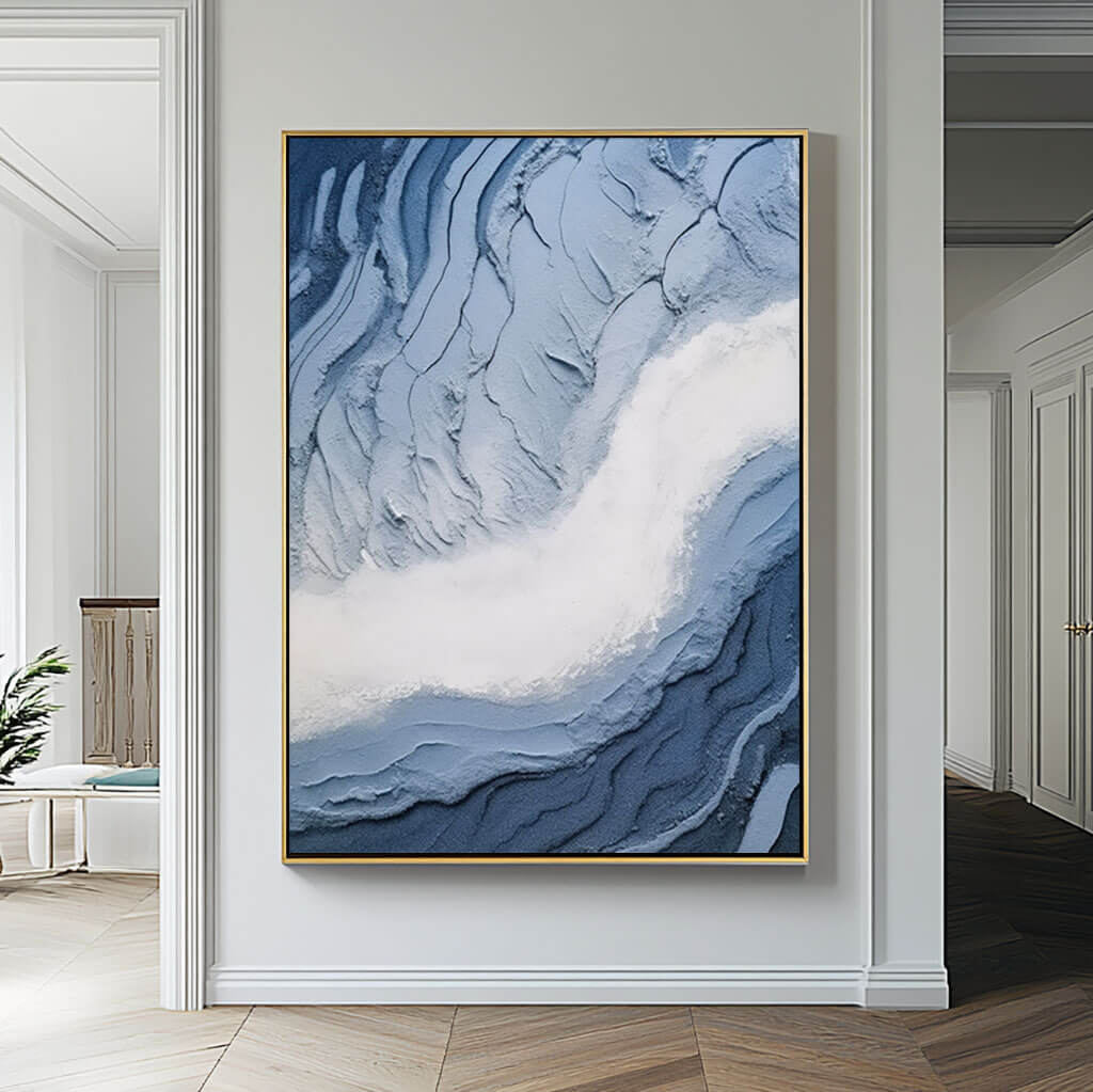 Abstract 3D Textured Blue Ocean Wave Oil Painting - Modern Hand-Painted Home Decor Wall Art - Fluidity I - Hues Art Lab