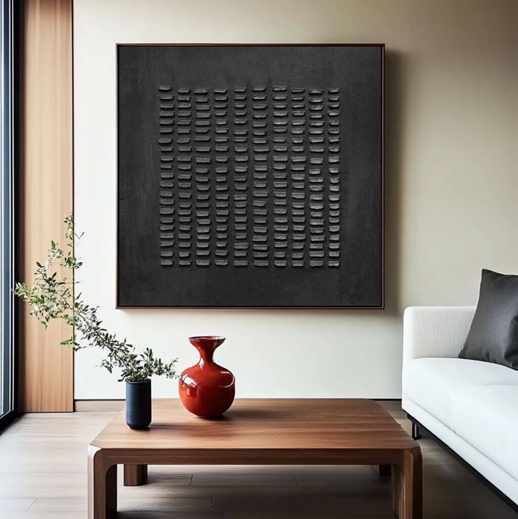 Wabi-Sabi Black Textured Abstract Canvas Painting for Modern Home Decor - Focusing - Hues Art Lab