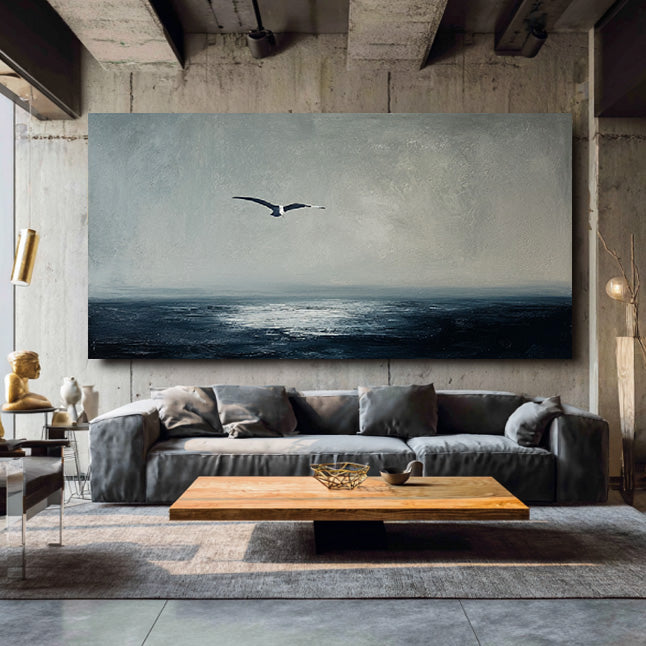 Freedom Beneath the Sky large abstract ocean and bird flying wall art by Hues Art Lab