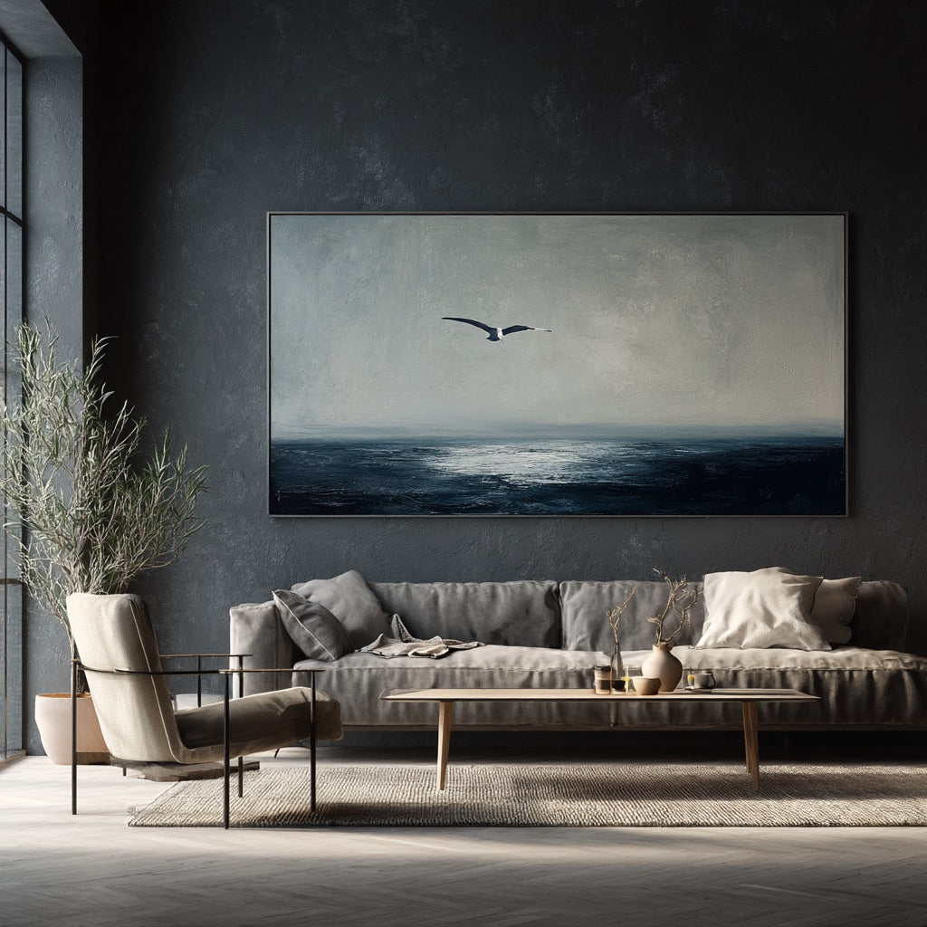 Freedom Beneath the Sky framed ocean canvas print styled in a modern room
