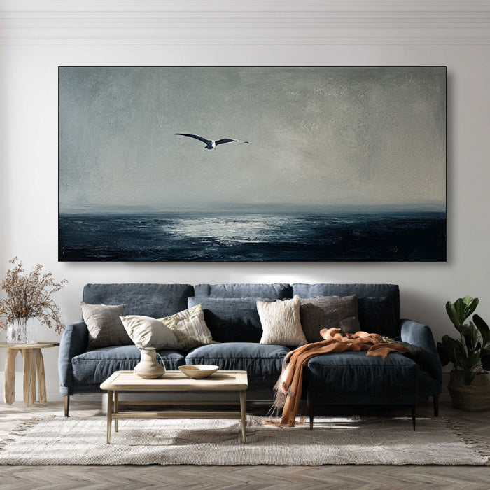 Freedom Beneath the Sky abstract painting with sky, sea, and flight motif