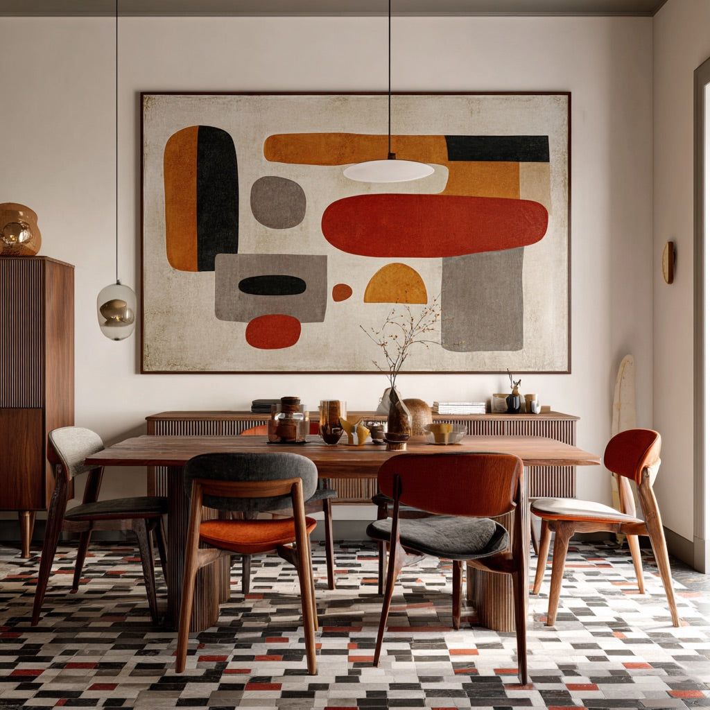 Geometric Dialogue modern abstract earth tone geometric wall art by Hues Art Lab