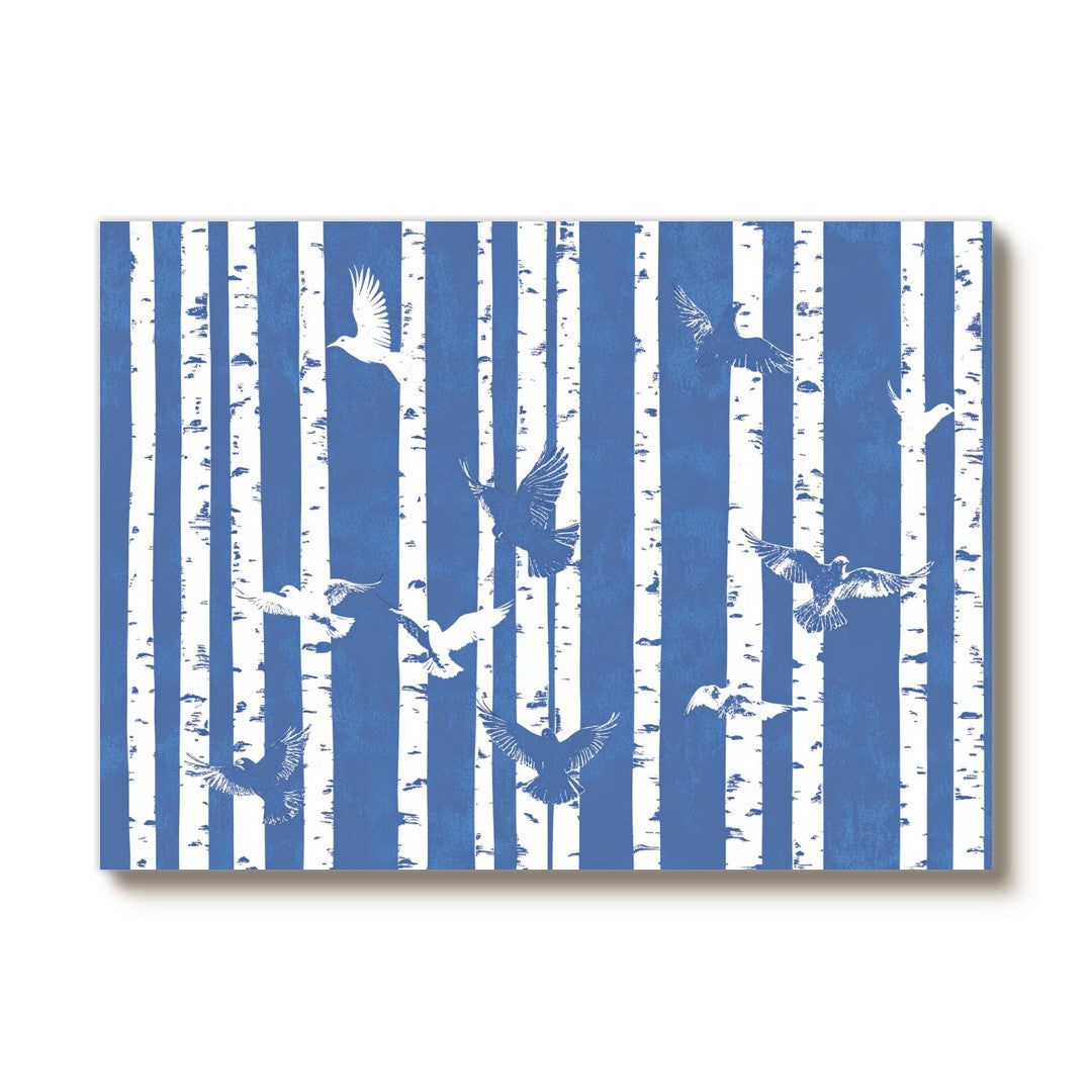 Geometry of the Flight birch forest artwork with flying bird and blue white forms