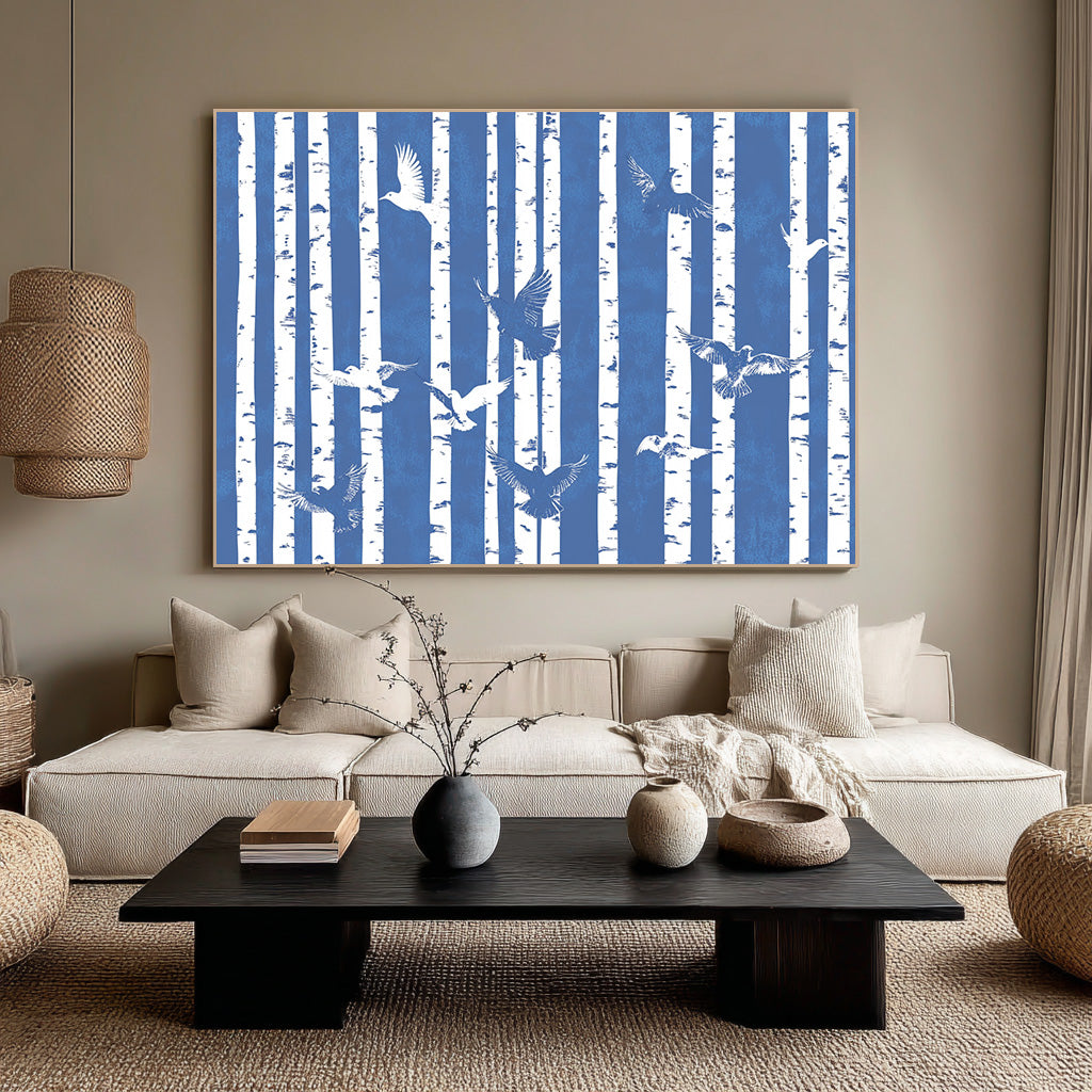 Geometry of the Flight blue white birch and flying bird canvas art by Hues Art Lab