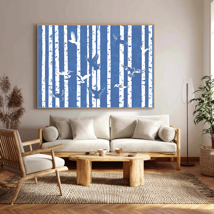 Geometry of the Flight framed bird and birch canvas print in a modern room