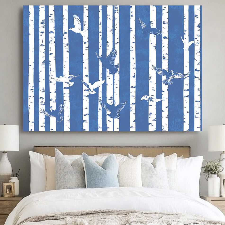 Geometry of the Flight gallery view of blue white birch canvas art